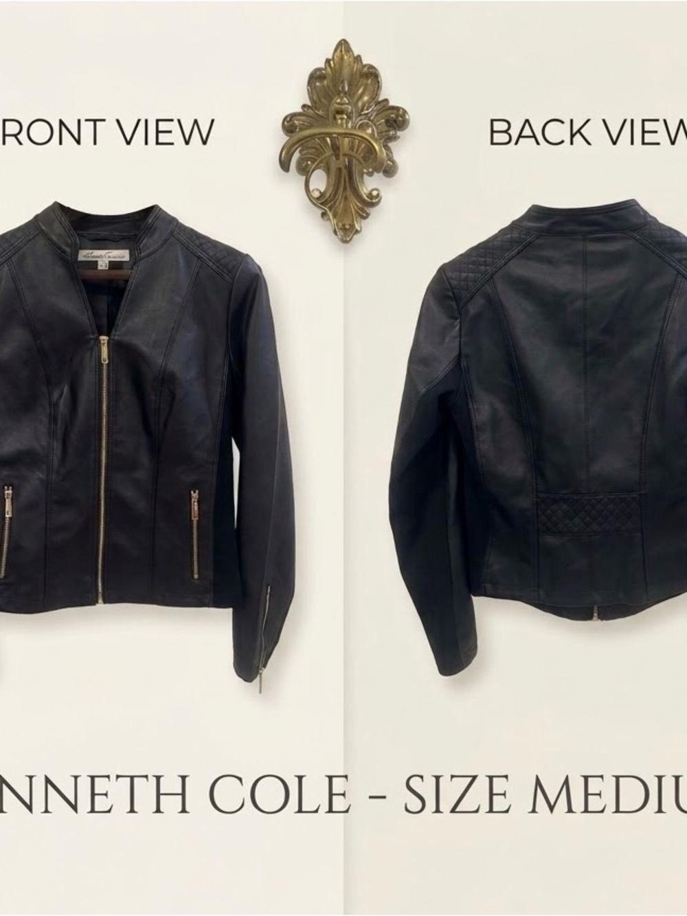 Kenneth Cole Black Faux Leather Moto Jacket w/ Knit Stretch Side Panels - Medium